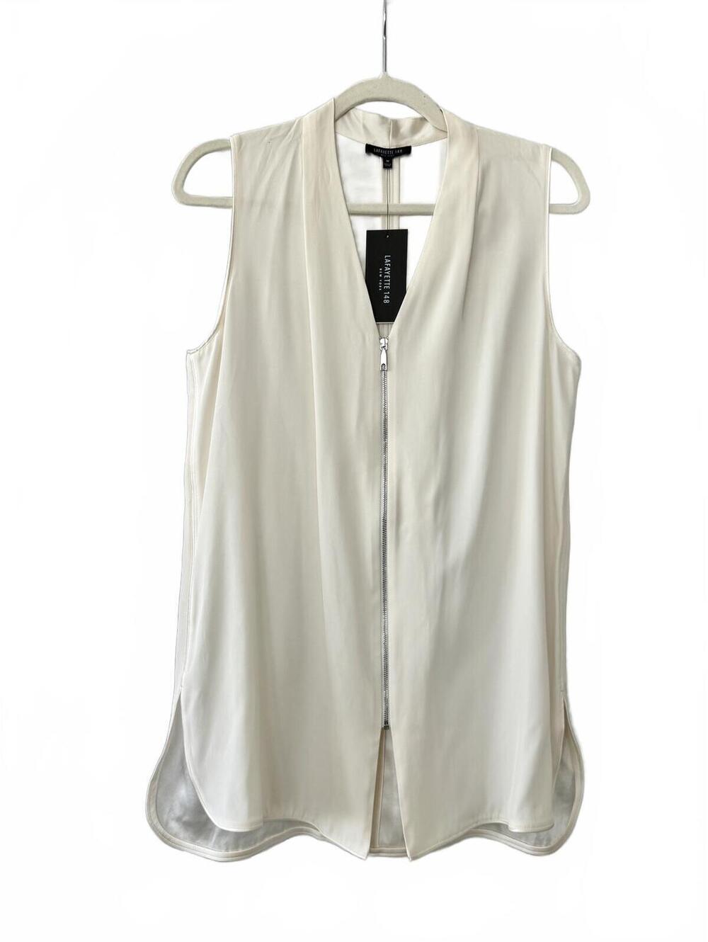 Lafayette 148 100% Silk White Sleeveless Zip-Front Vest Top Size M